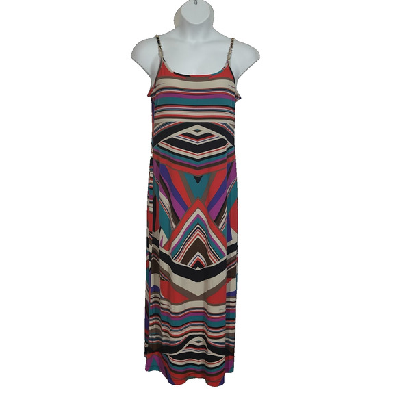 Women's size Large gold chain strap red multi colored long A-line dress - Picture 1 of 4
